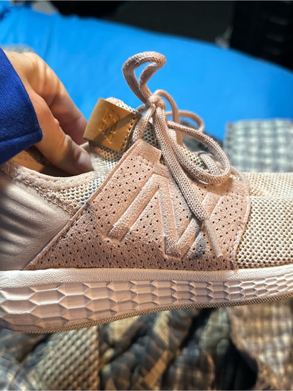 New Balance Blush Pink Knit Sneakers with Suede Overlays